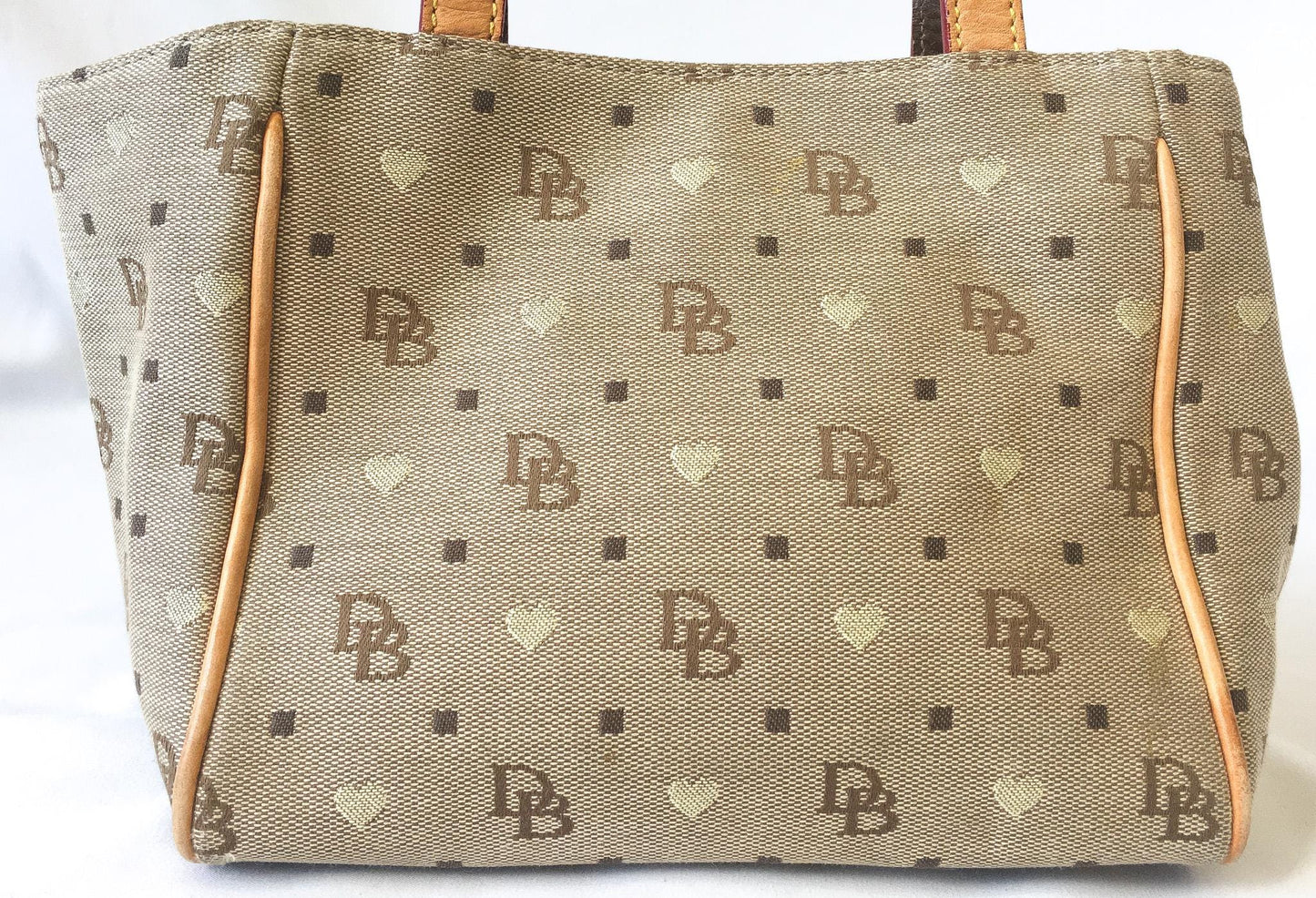 00s Dooney and Bourke Beige/Taupe Monogram Heart Canvas Top Handle Bag with Detachable Crossbody Strap, Y2K Dooney and Bourke Handbag
