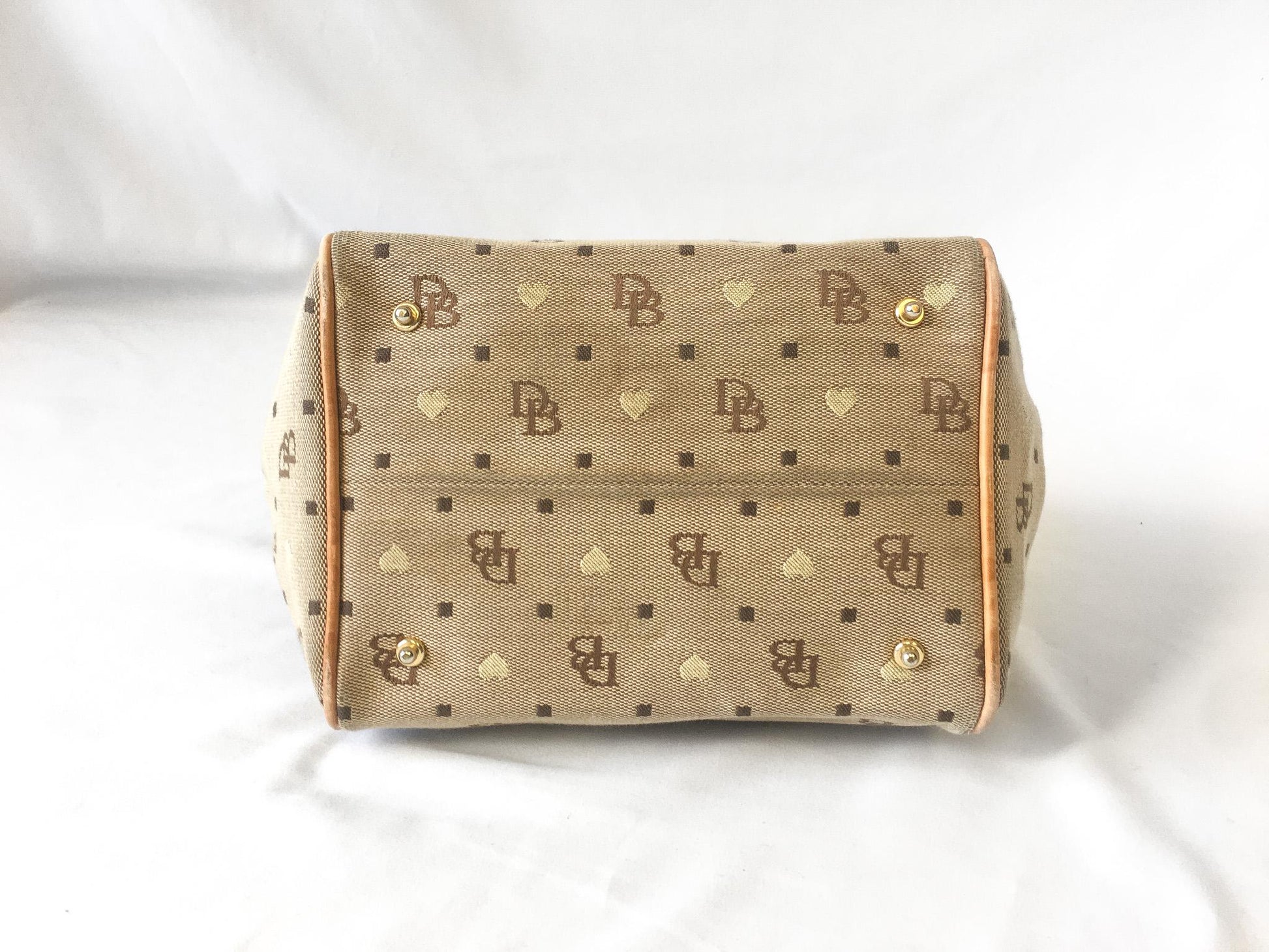 00s Dooney and Bourke Beige/Taupe Monogram Heart Canvas Top Handle Bag with Detachable Crossbody Strap, Y2K Dooney and Bourke Handbag