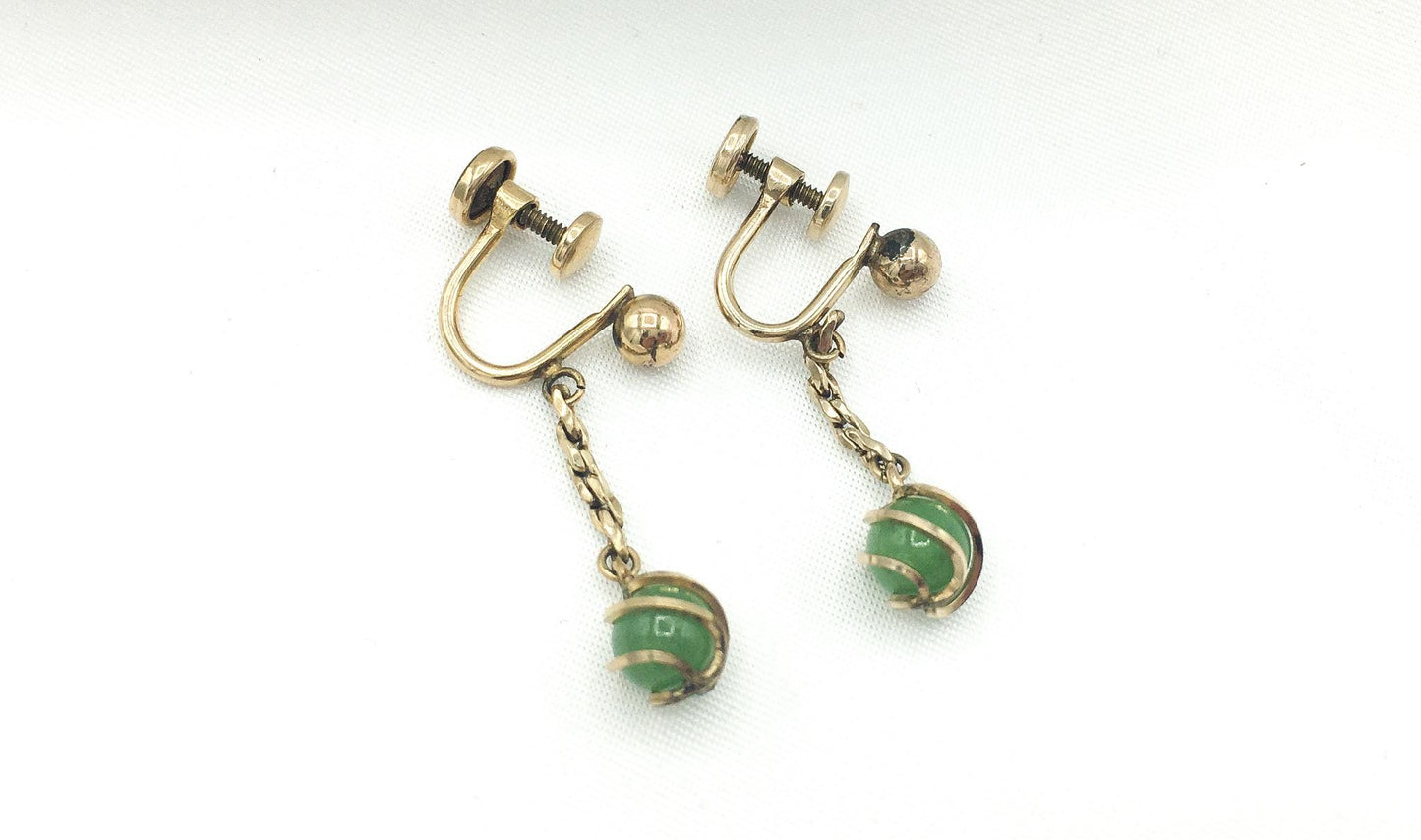 Vintage 12K Gold Filled Jade Dangle Screw Back Earrings