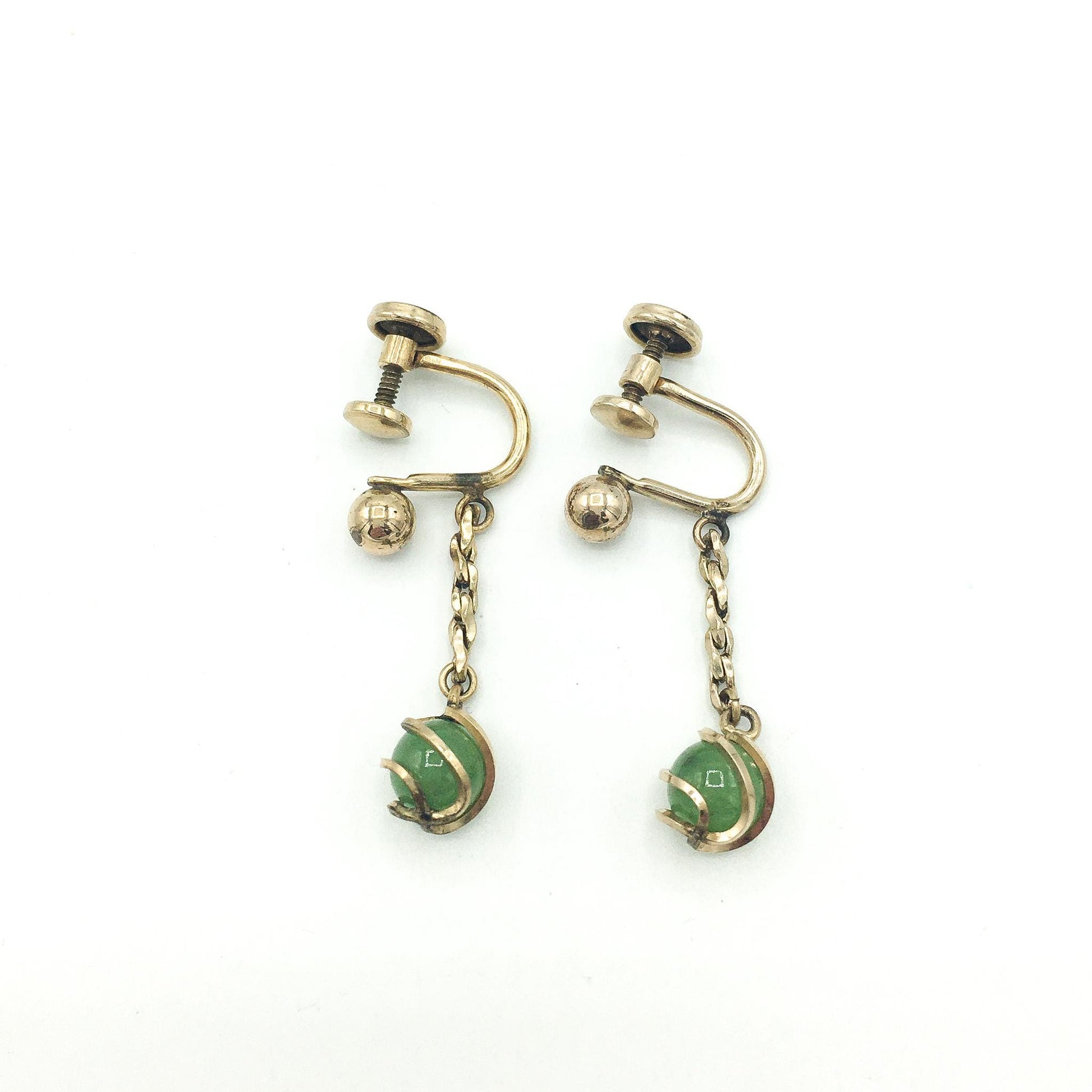 Vintage 12K Gold Filled Jade Dangle Screw Back Earrings