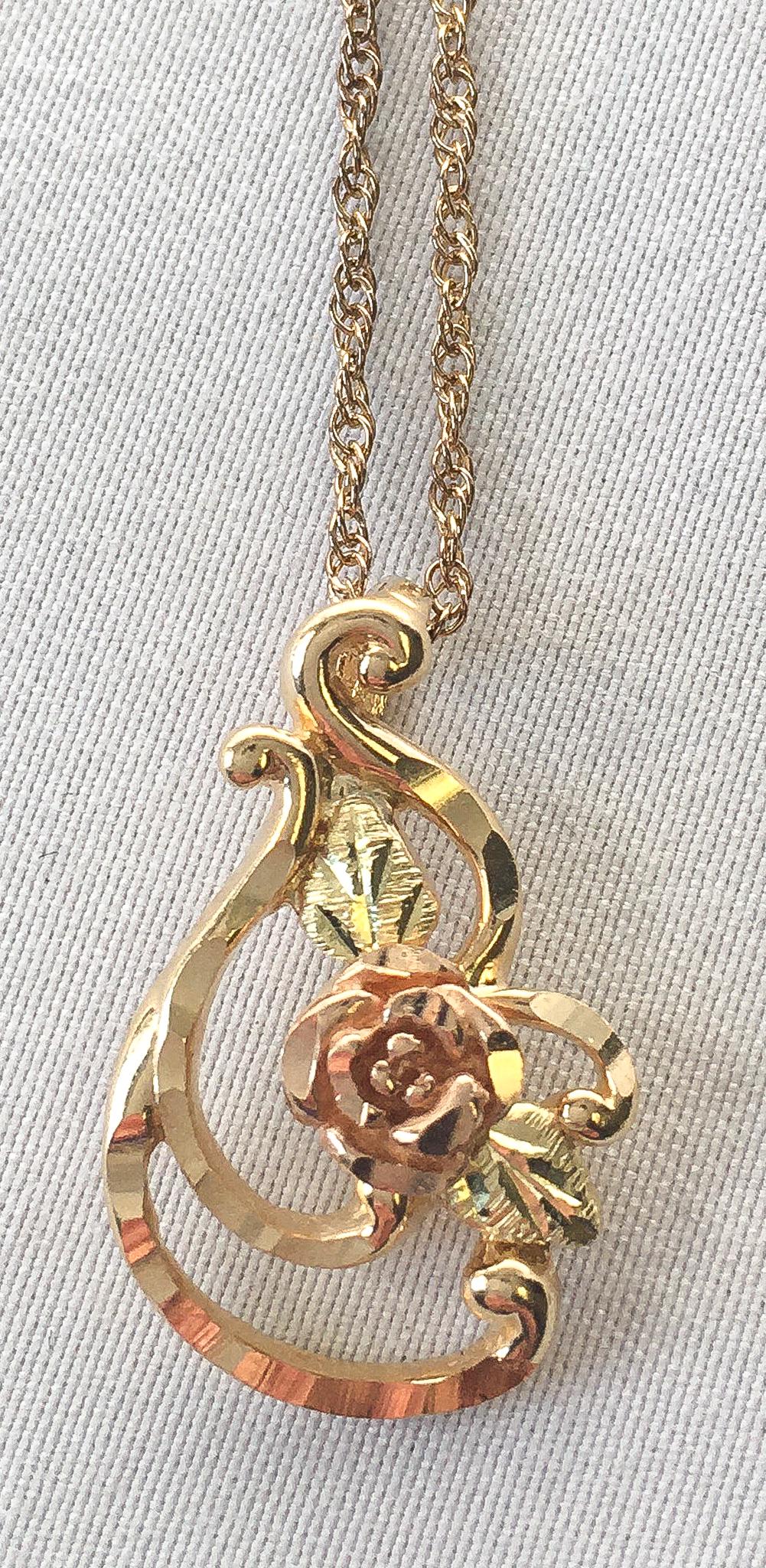 Vintage Landstrom's Black Hills Gold 10K Rose Pendant on 12K GF 18" Chain, Vintage Black Hills Gold Necklace