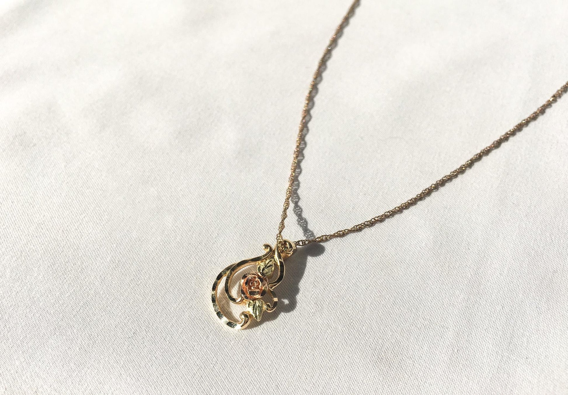 Vintage Landstrom's Black Hills Gold 10K Rose Pendant on 12K GF 18" Chain, Vintage Black Hills Gold Necklace