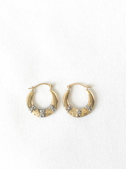Vintage 10K Israel Two-Tone Dragonfly Etched Hollow Mini Hoops, .5", Simple Dainty Everyday Earrings