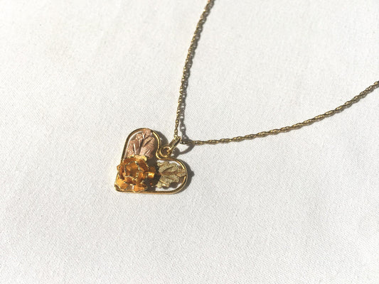 10K Landstrom's Black Hills Gold Rose Heart Pendant 20" 12K Gold Filled Chain Necklace, Vintage Black Hills Gold Jewelry