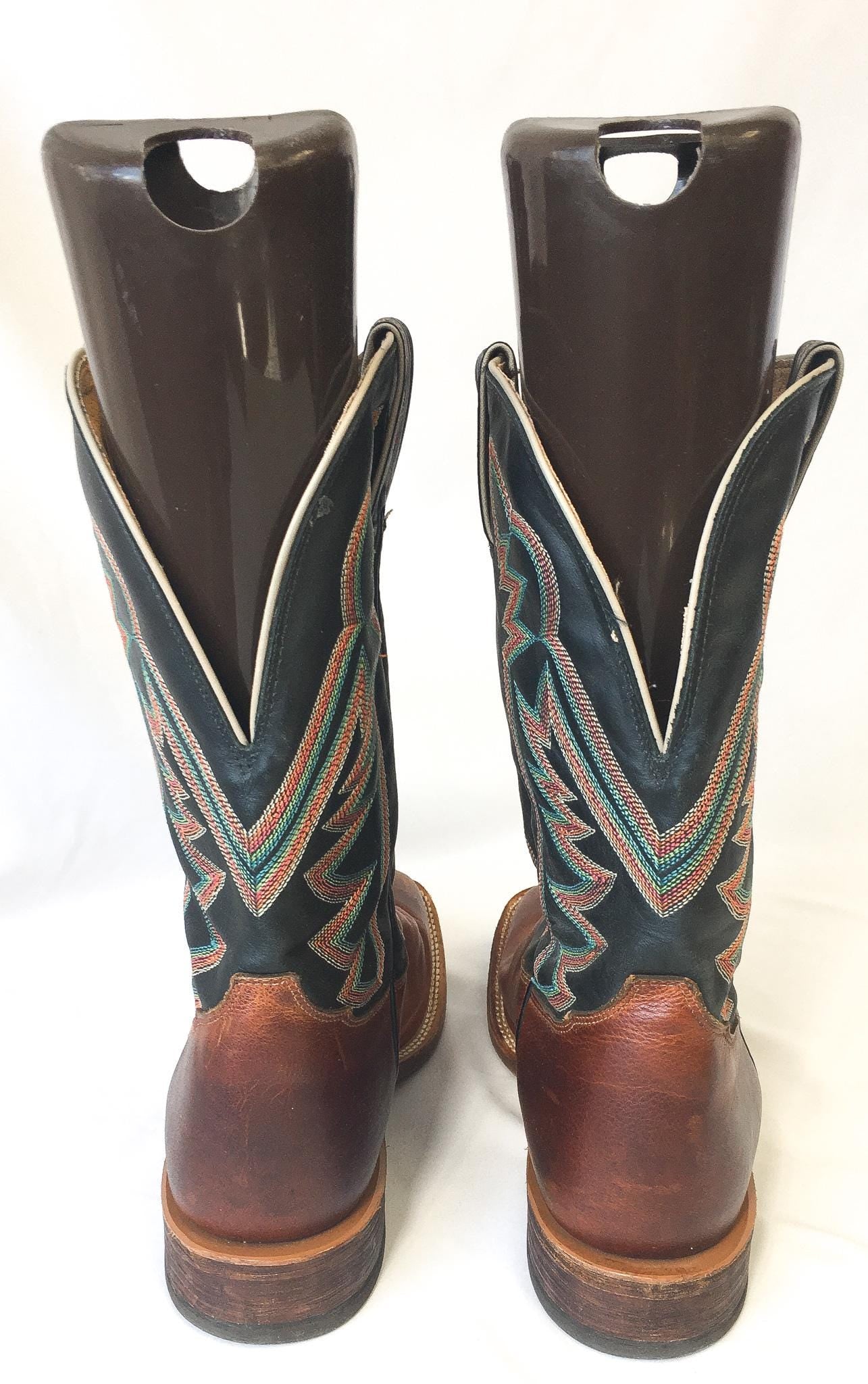 Vintage Tony Lama Black Brown Leather Square Toe Cowboy Boots with Red/Orange/Teal Embroidery, Style #1215, Men's Sz. 11D