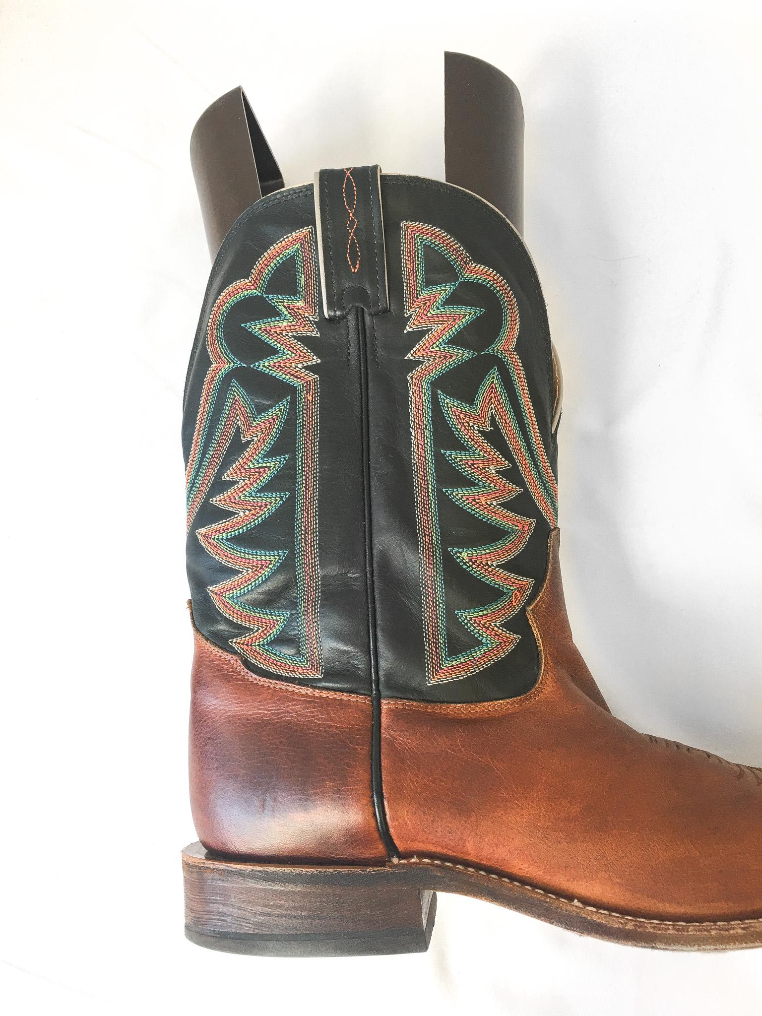 Vintage Tony Lama Black Brown Leather Square Toe Cowboy Boots with Red/Orange/Teal Embroidery, Style #1215, Men's Sz. 11D