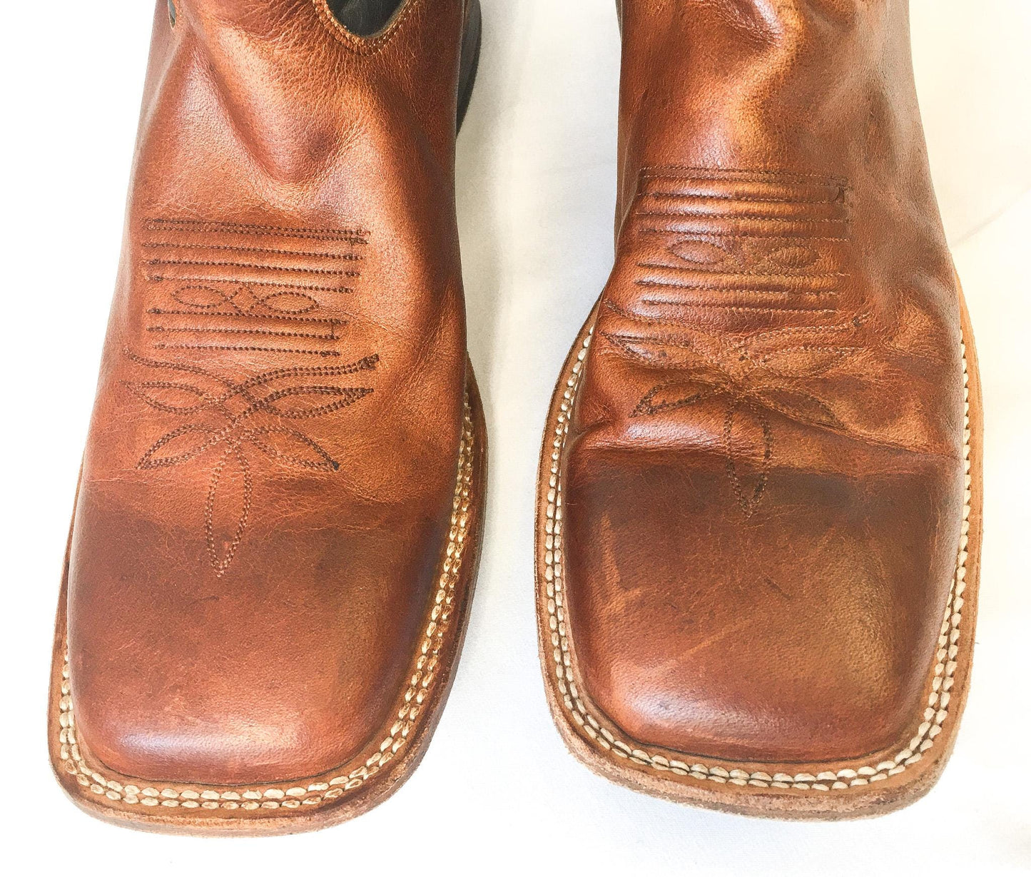 Vintage Tony Lama Black Brown Leather Square Toe Cowboy Boots with Red/Orange/Teal Embroidery, Style #1215, Men's Sz. 11D
