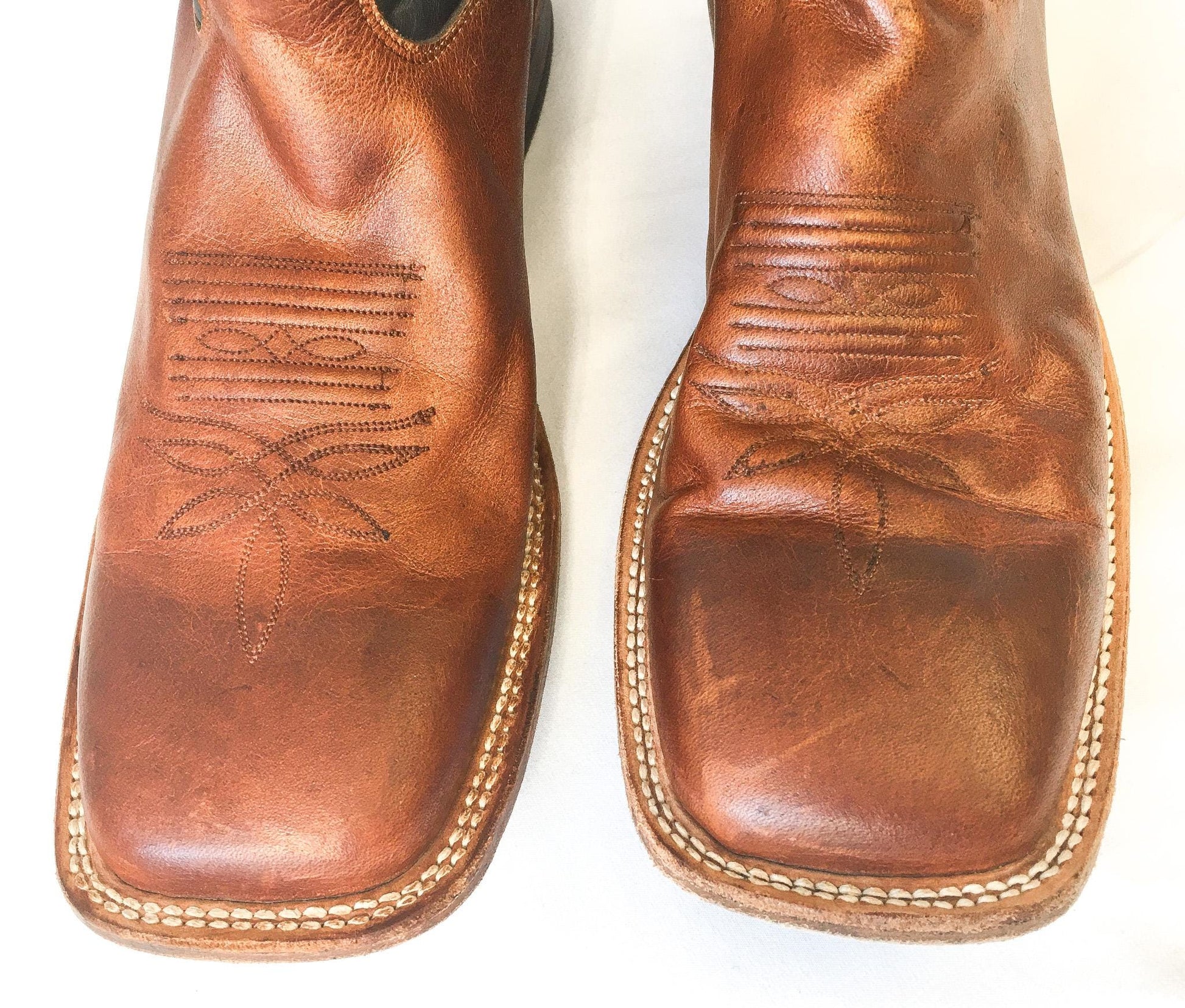 Vintage Tony Lama Black Brown Leather Square Toe Cowboy Boots with Red/Orange/Teal Embroidery, Style #1215, Men's Sz. 11D