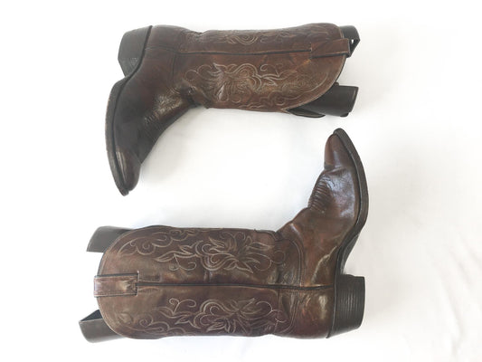 Vintage Justin Brown Leather Cowboy Boots with Cream Embroidery, Style #2555, Men's Sz. 9.5D, Vintage Western Boots
