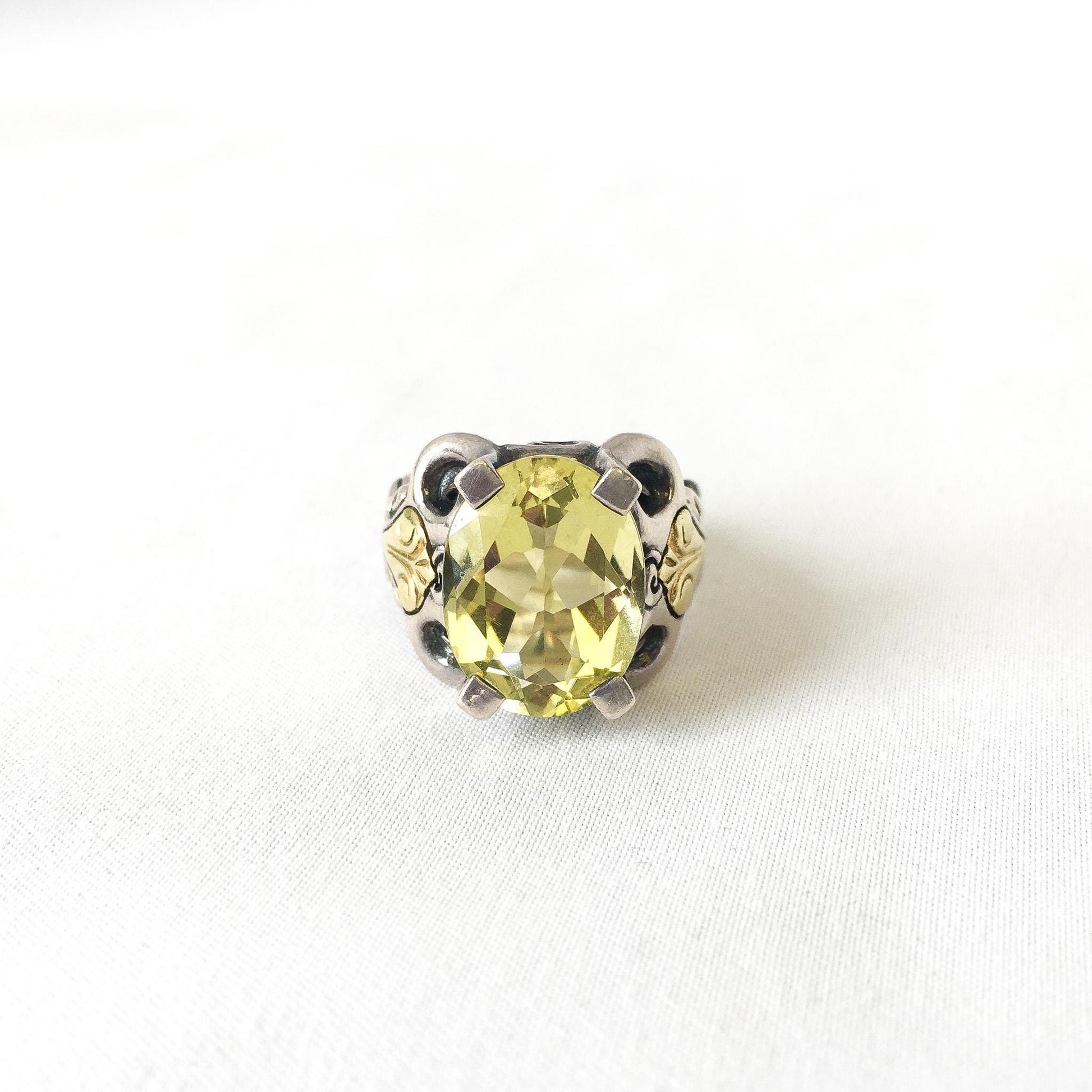 18K and Sterling Silver Ann King Citrine Cocktail Ring, Sz. 6.75/7, Vintage Art Deco Statement Ring