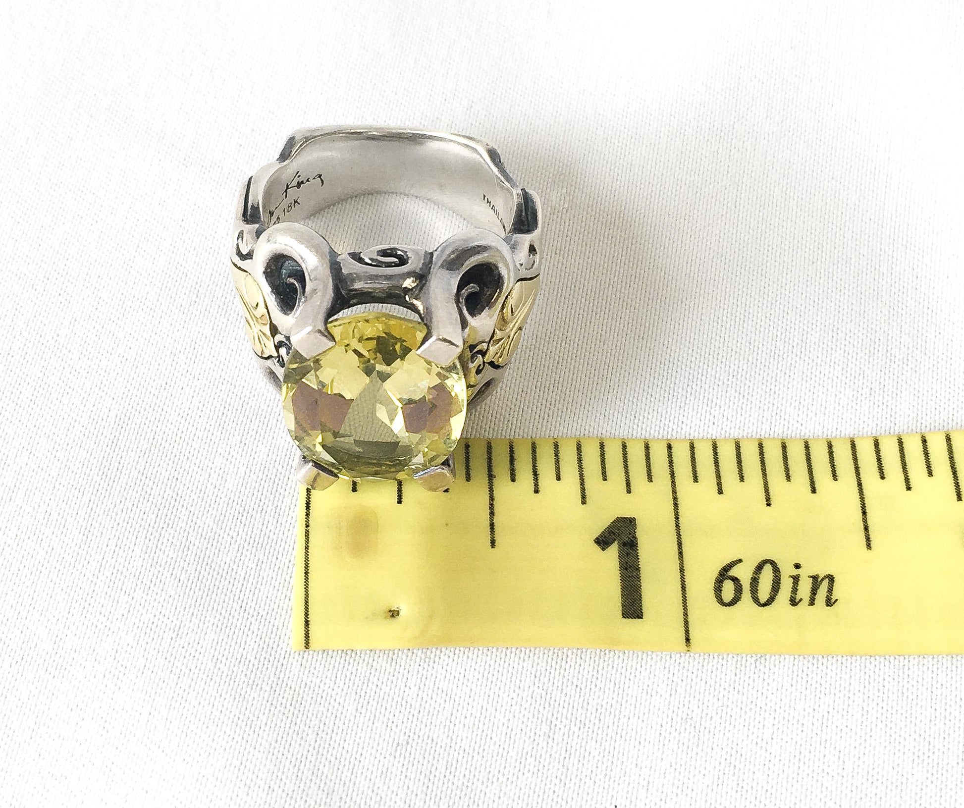 18K and Sterling Silver Ann King Citrine Cocktail Ring, Sz. 6.75/7, Vintage Art Deco Statement Ring