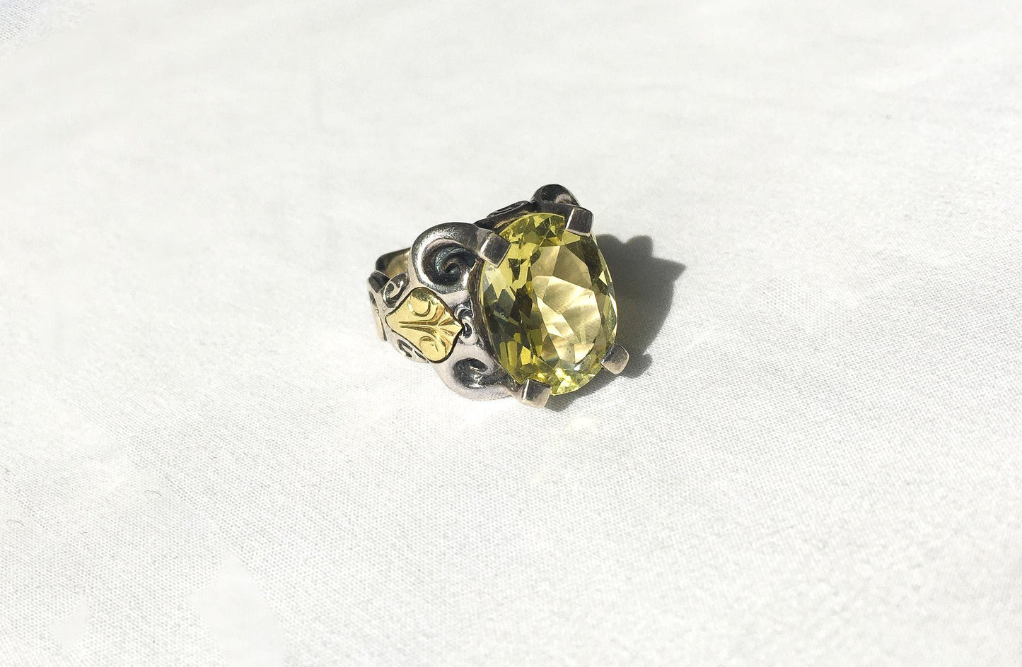 18K and Sterling Silver Ann King Citrine Cocktail Ring, Sz. 6.75/7, Vintage Art Deco Statement Ring