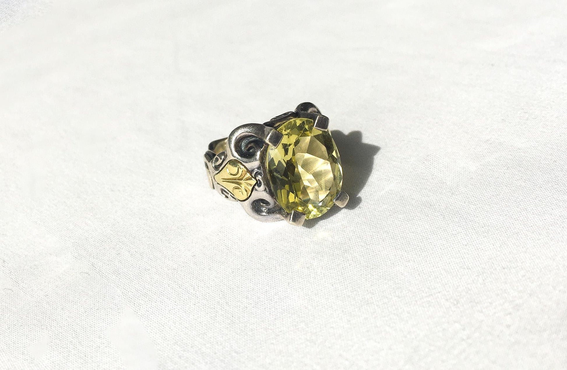 18K and Sterling Silver Ann King Citrine Cocktail Ring, Sz. 6.75/7, Vintage Art Deco Statement Ring