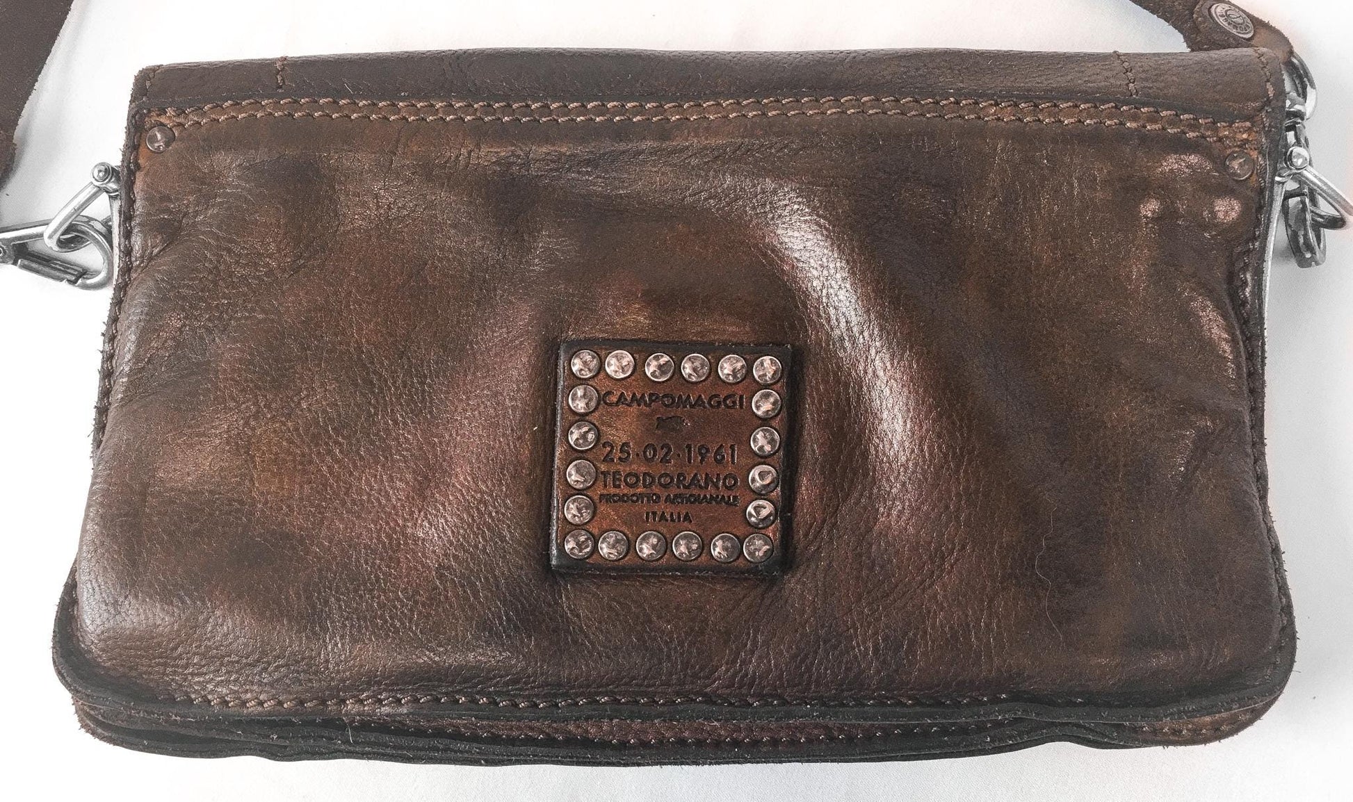 Vintage Inspired Campomaggi Two Toned Brown Leather Studded Crossbody Bag, Vintage Western Handbag