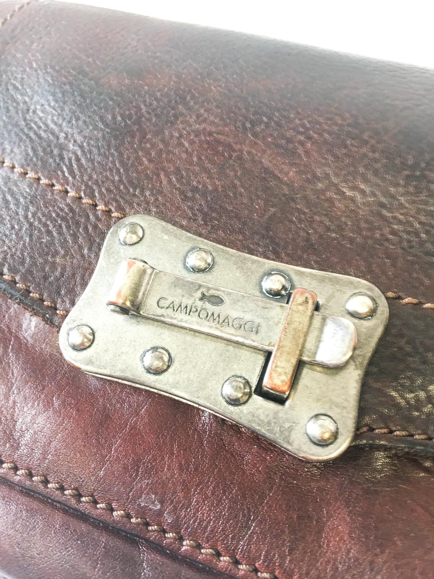Vintage Inspired Campomaggi Two Toned Brown Leather Studded Crossbody Bag, Vintage Western Handbag