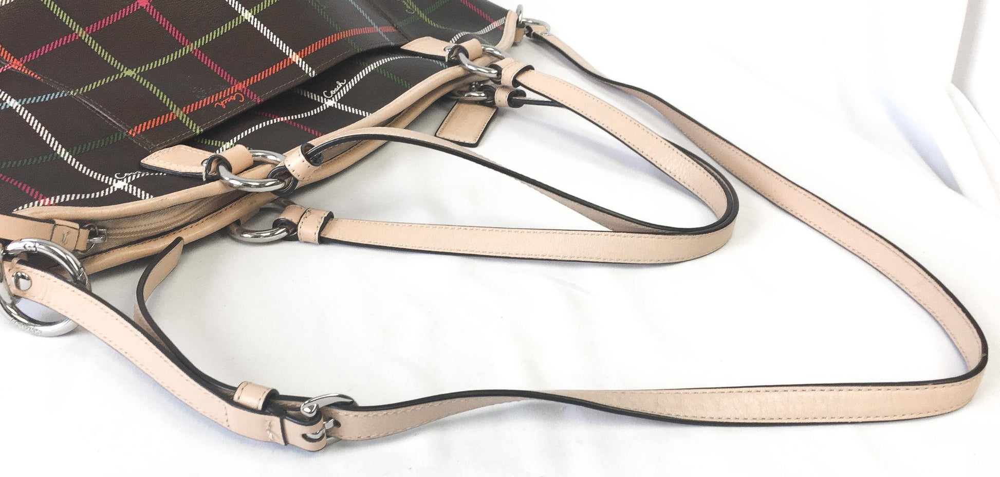 00s Inspired Coach Peyton Tattersall Plaid Brown Leather Crossbody Tote Bag, Style #F24390, Y2K Coach Handbag