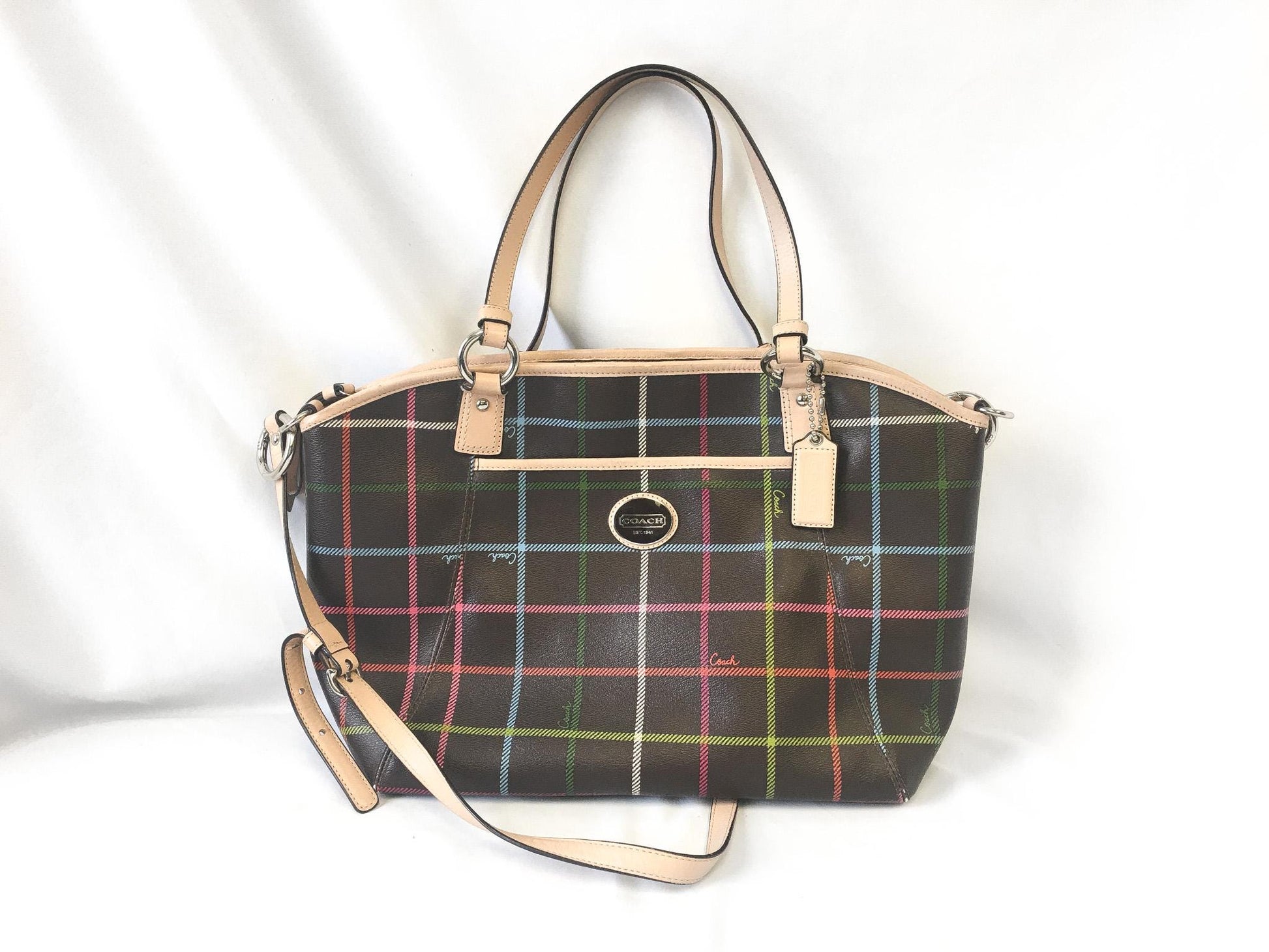 00s Inspired Coach Peyton Tattersall Plaid Brown Leather Crossbody Tote Bag, Style #F24390, Y2K Coach Handbag