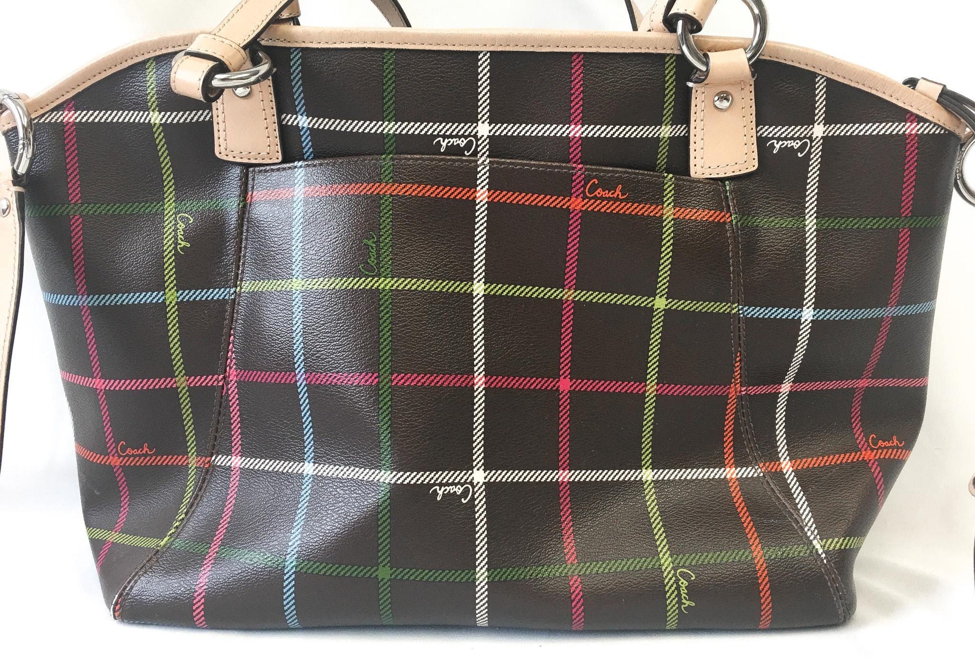00s Inspired Coach Peyton Tattersall Plaid Brown Leather Crossbody Tote Bag, Style #F24390, Y2K Coach Handbag
