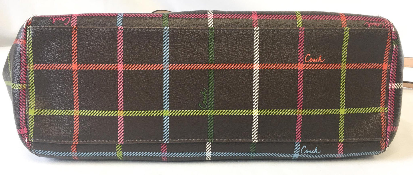 00s Inspired Coach Peyton Tattersall Plaid Brown Leather Crossbody Tote Bag, Style #F24390, Y2K Coach Handbag