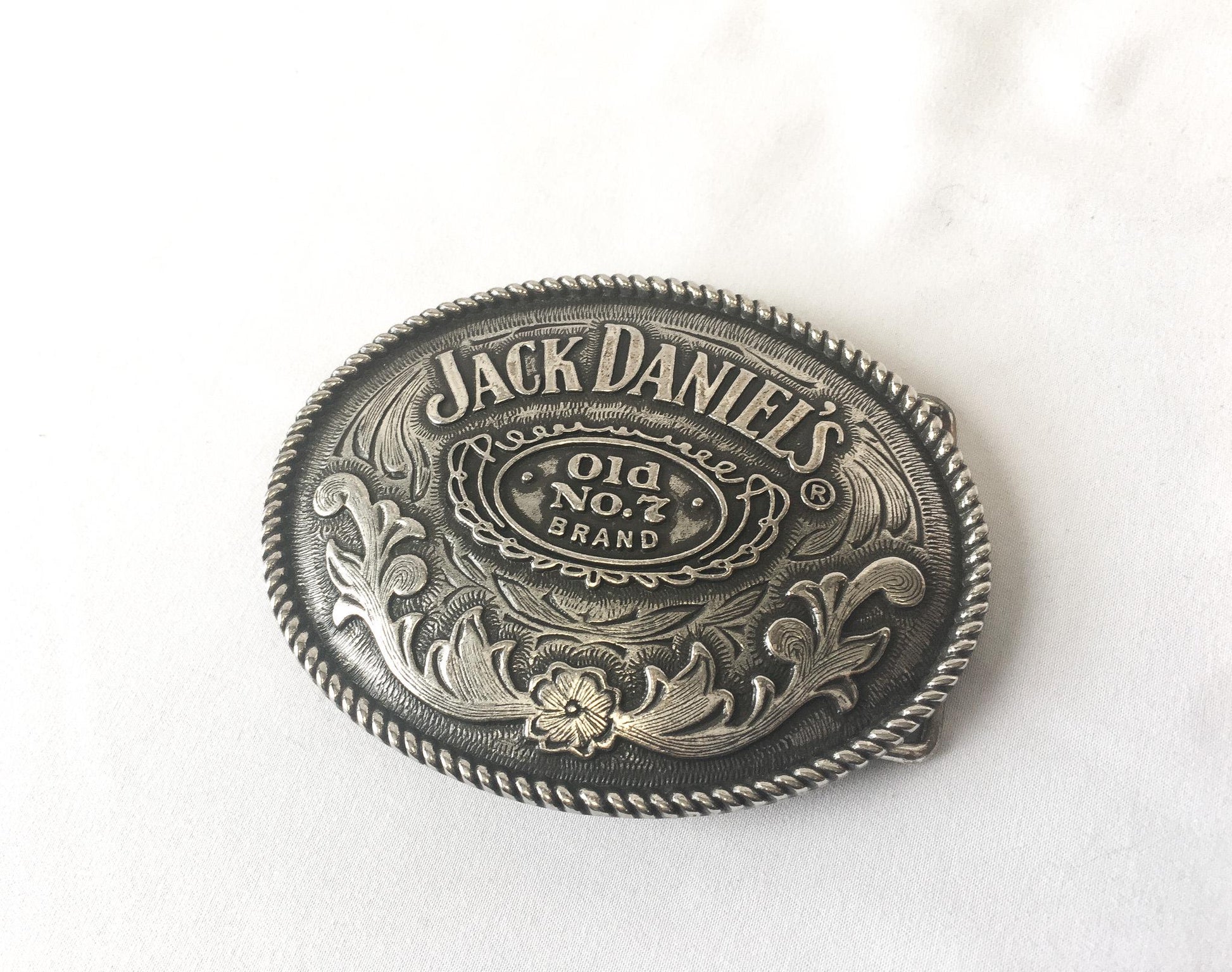 Vintage Jack Daniels Old No. 7 Silver Toned Oval Belt Buckle, 4" x 3", Vintage Whiskey Alcohol Western Belt Buckle