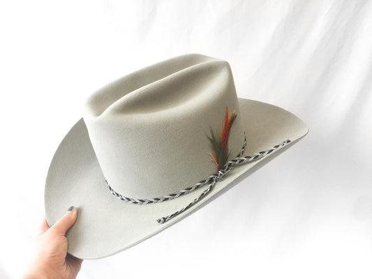 Vintage Stetson 5X Taupe/Beige Cowboy Hat with Black/White Woven Feather Band, Sz. 7 3/4, Vintage Western Hat