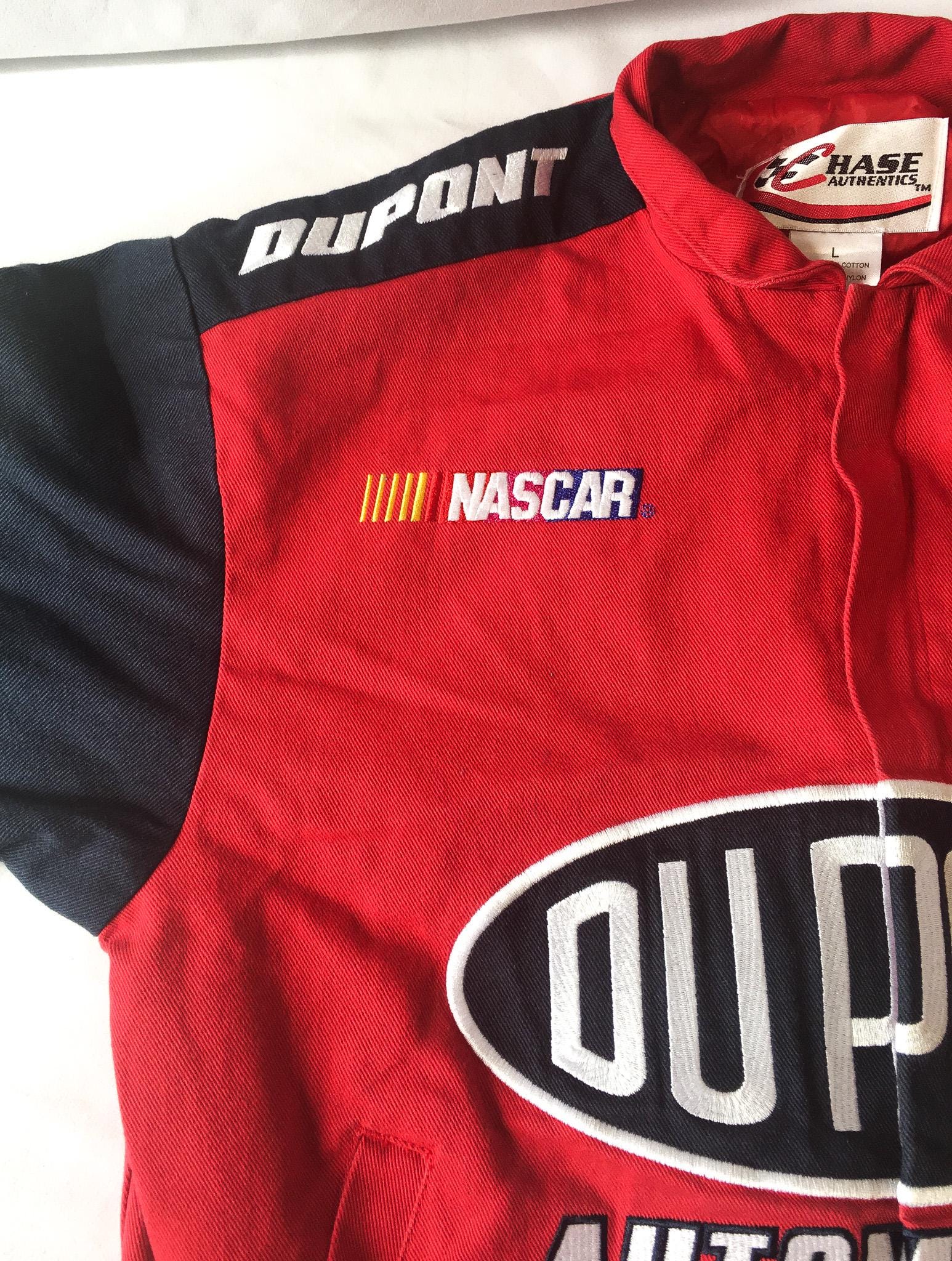 90s DuPont Jeff Gordon Nascar Navy/Red "The Miracles of Science" Flame Sleeve Racing Jacket, Approx Sz. S, Vintage Streetwear Racing Apparel