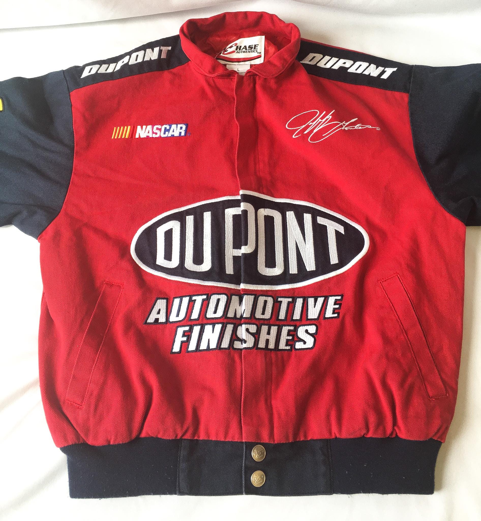 90s DuPont Jeff Gordon Nascar Navy/Red "The Miracles of Science" Flame Sleeve Racing Jacket, Approx Sz. S, Vintage Streetwear Racing Apparel