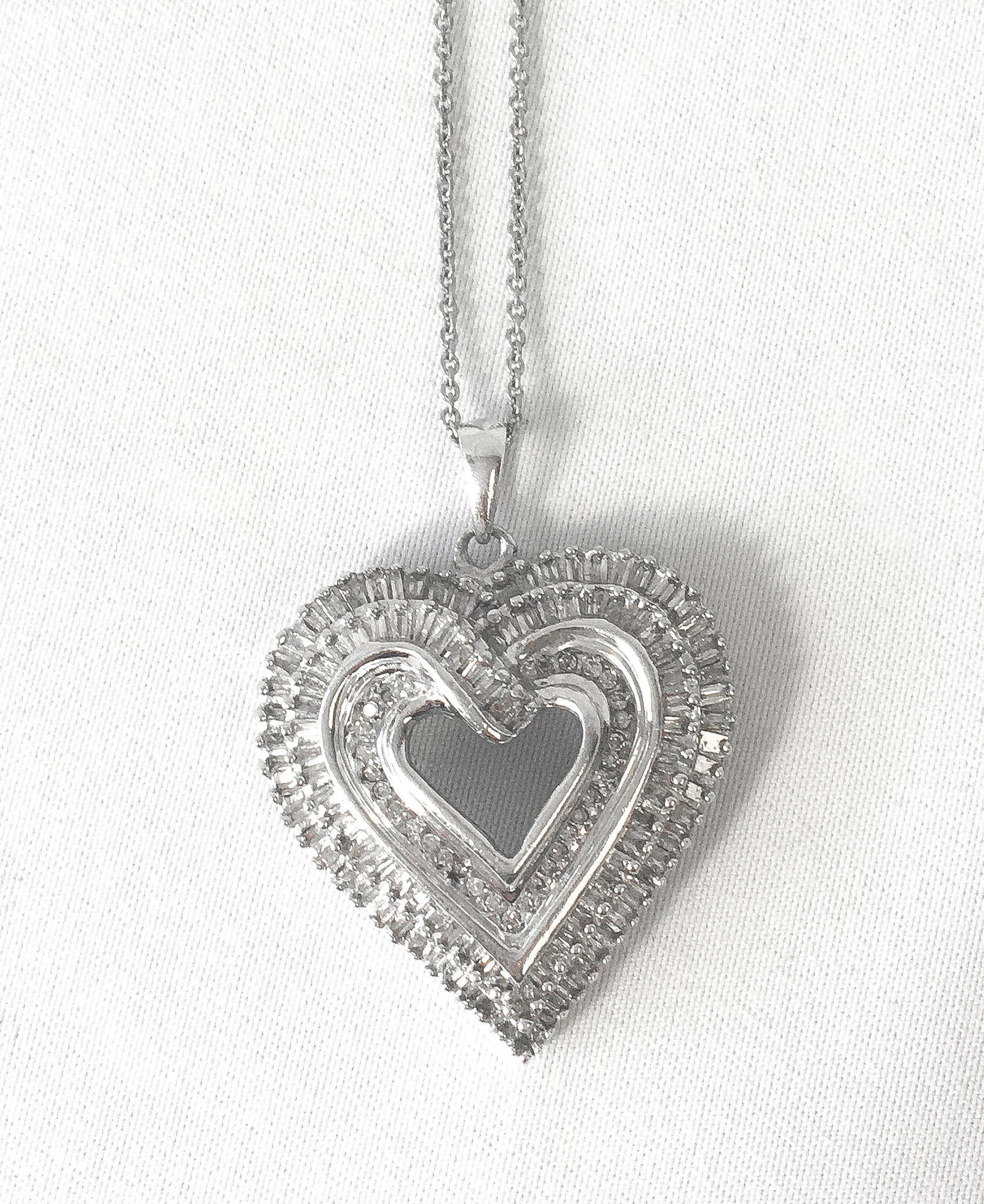 1.25 Carat Genuine Baguette Cut Diamond Heart 1" Pendant on a 925 KA1772 18.5" Chain