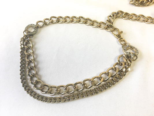 Vintage Gold Toned Double Chain Front Circular Rhinestone Accent Link Belt, Vintage Retro Accessories
