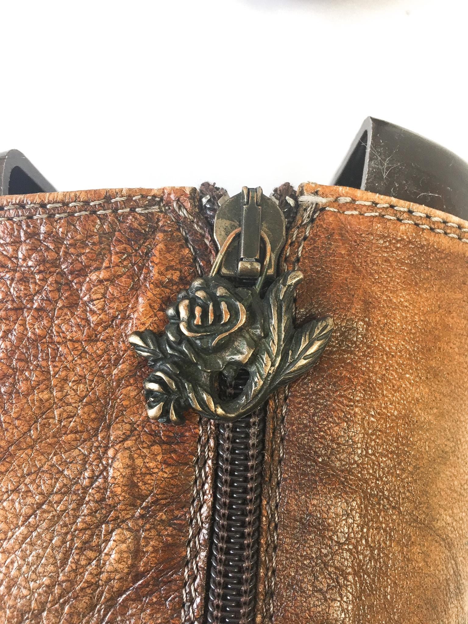 Vintage Siren by Mark Nason Brown Leather Dragon Studded Embroidered Zip Up Knee-High Boots, Sz. 5.5, Vintage Western Statement Boots