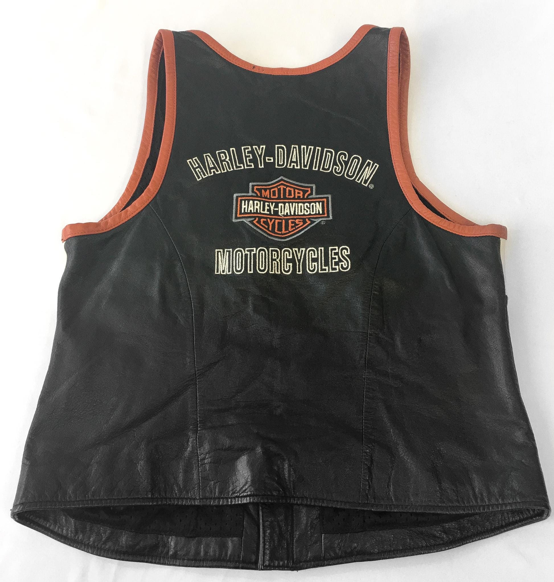 Vintage Inspired Harley Davidson Black/Orange/Cream Leather Vest, Women's Sz. M, Vintage Biker Motorcycle Vest
