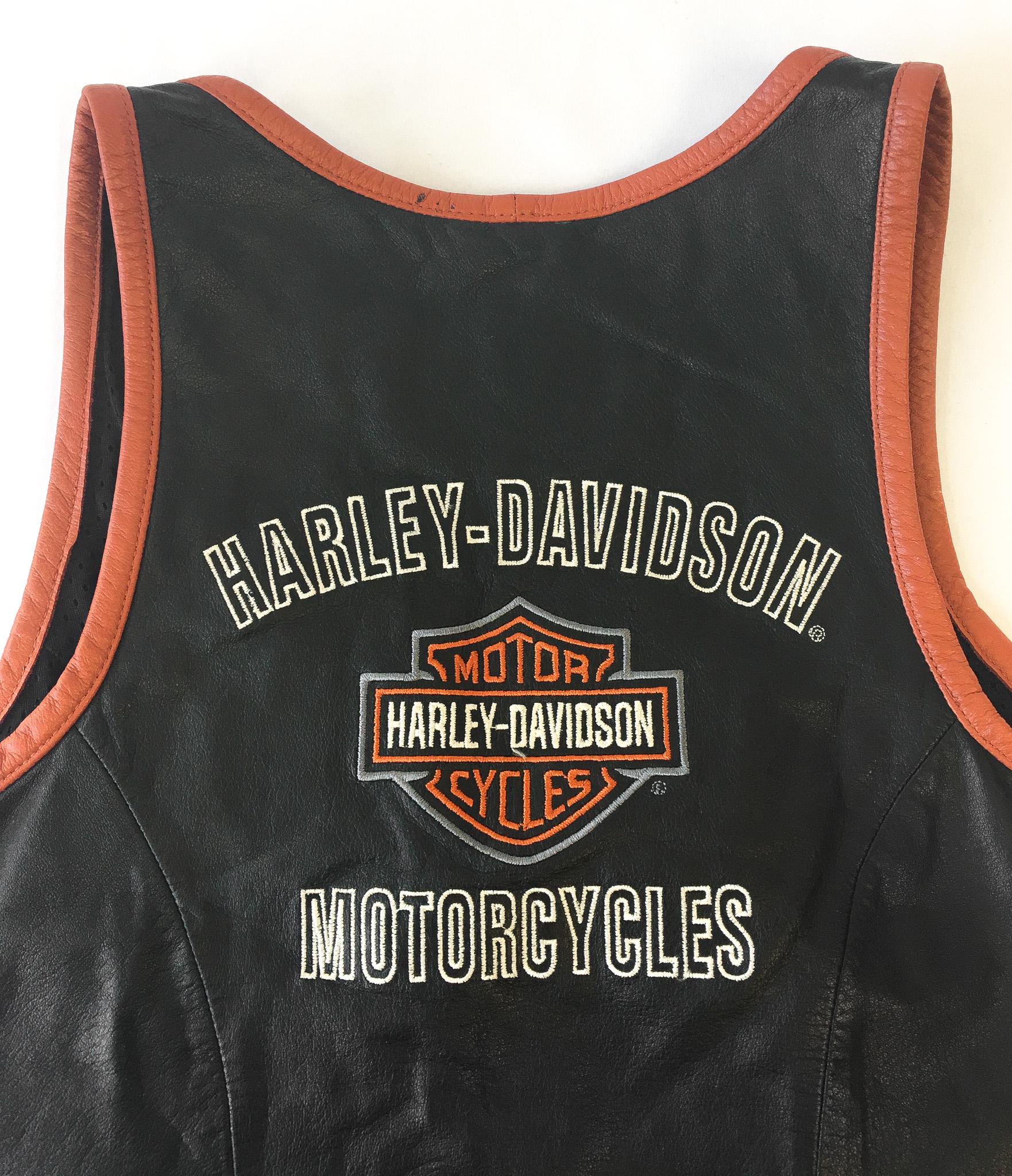 Vintage Inspired Harley Davidson Black/Orange/Cream Leather Vest, Women's Sz. M, Vintage Biker Motorcycle Vest