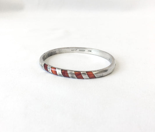 Vintage 925 Mexico TD-79 Inlaid Red/Orange Stone Bangle Bracelet, Native American Boho Style Bracelet