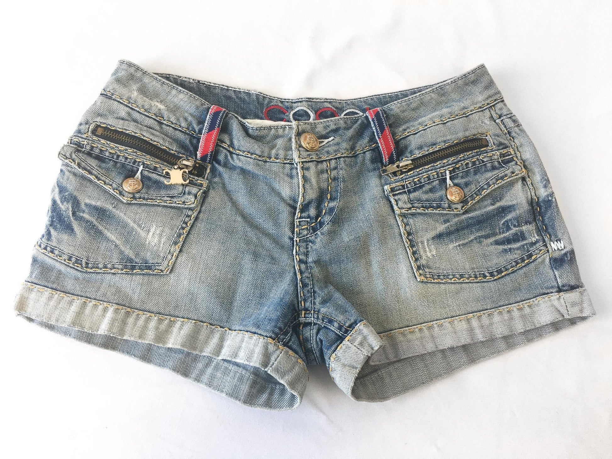 Vintage COOGI Light Wash Royal Symbol Blue/Red/Gold Low Rise Micro Denim Shorts, 29" Waist, Y2K Denim Shorts