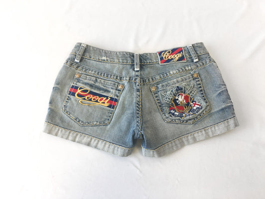 Vintage COOGI Light Wash Royal Symbol Blue/Red/Gold Low Rise Micro Denim Shorts, 29" Waist, Y2K Denim Shorts