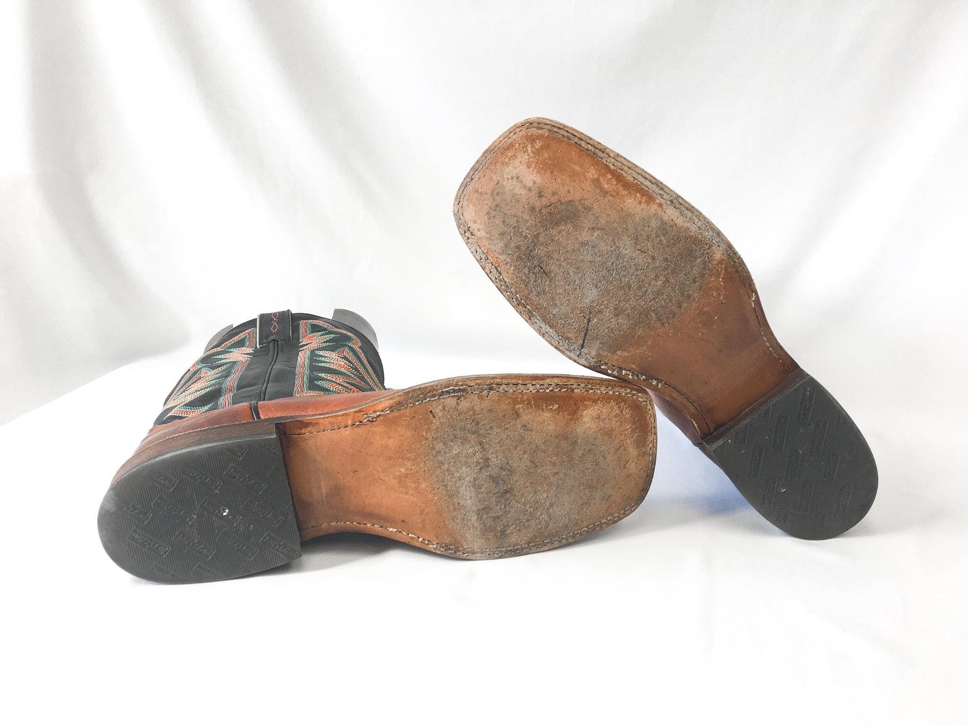 Vintage Tony Lama Black Brown Leather Square Toe Cowboy Boots with Red/Orange/Teal Embroidery, Style #1215, Men's Sz. 11D