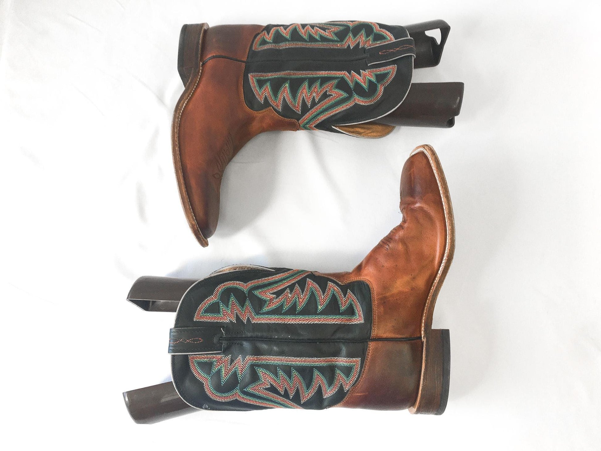 Vintage Tony Lama Black Brown Leather Square Toe Cowboy Boots with Red/Orange/Teal Embroidery, Style #1215, Men's Sz. 11D