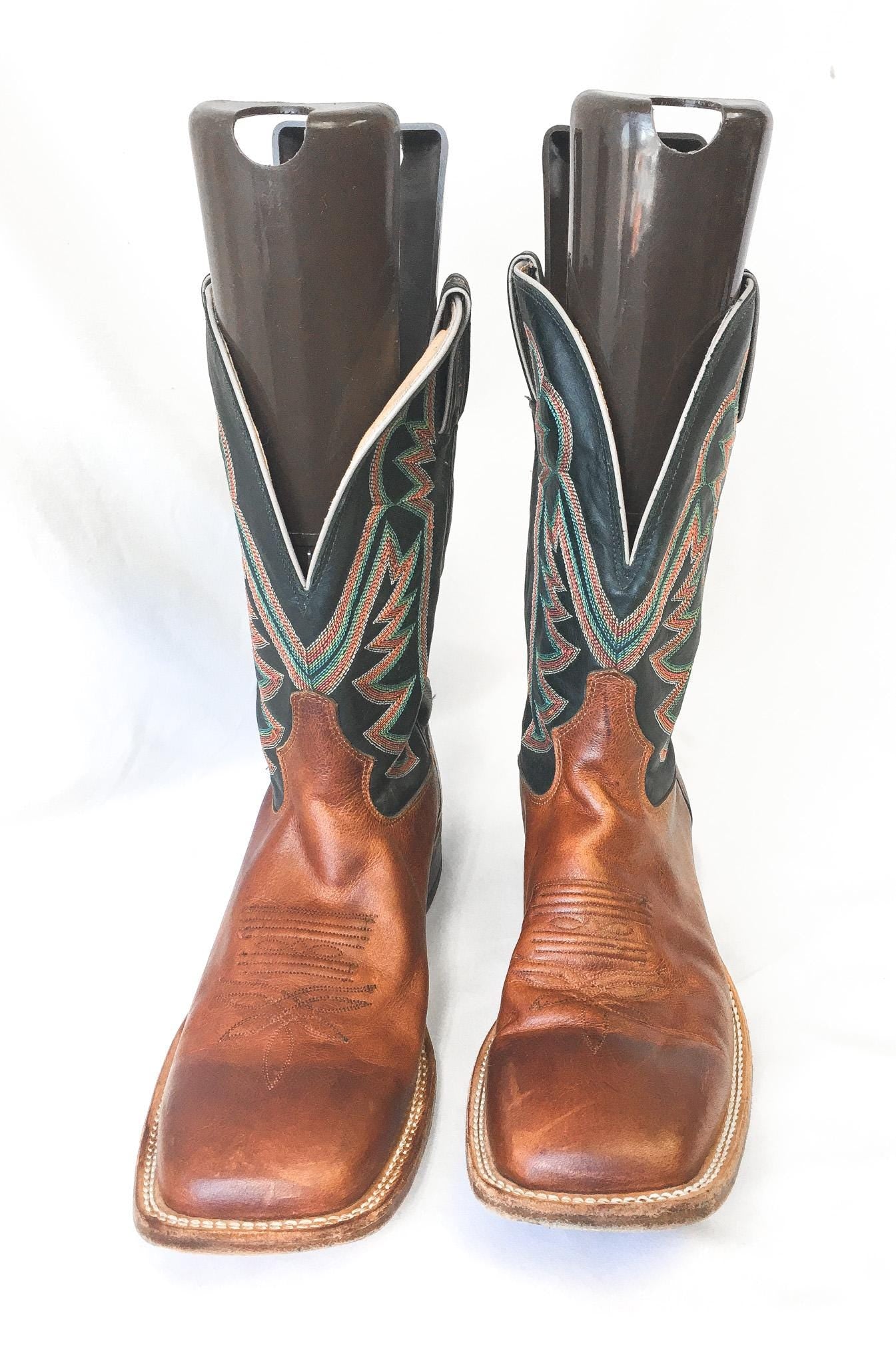 Vintage Tony Lama Black Brown Leather Square Toe Cowboy Boots with Red/Orange/Teal Embroidery, Style #1215, Men's Sz. 11D