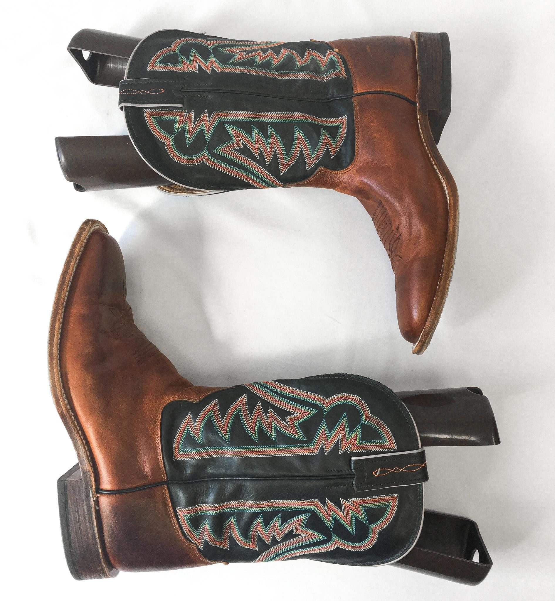 Vintage Tony Lama Black Brown Leather Square Toe Cowboy Boots with Red/Orange/Teal Embroidery, Style #1215, Men's Sz. 11D