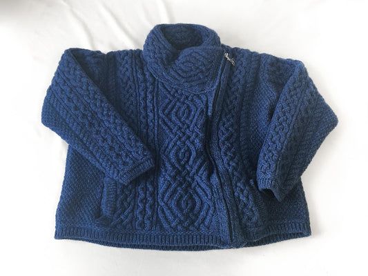 Vintage Aran Crafts Blue Cable Knit Asymmetrical Merino Wool Zip Up Sweater, Women's Sz. XS, Vintage Wool Sweater