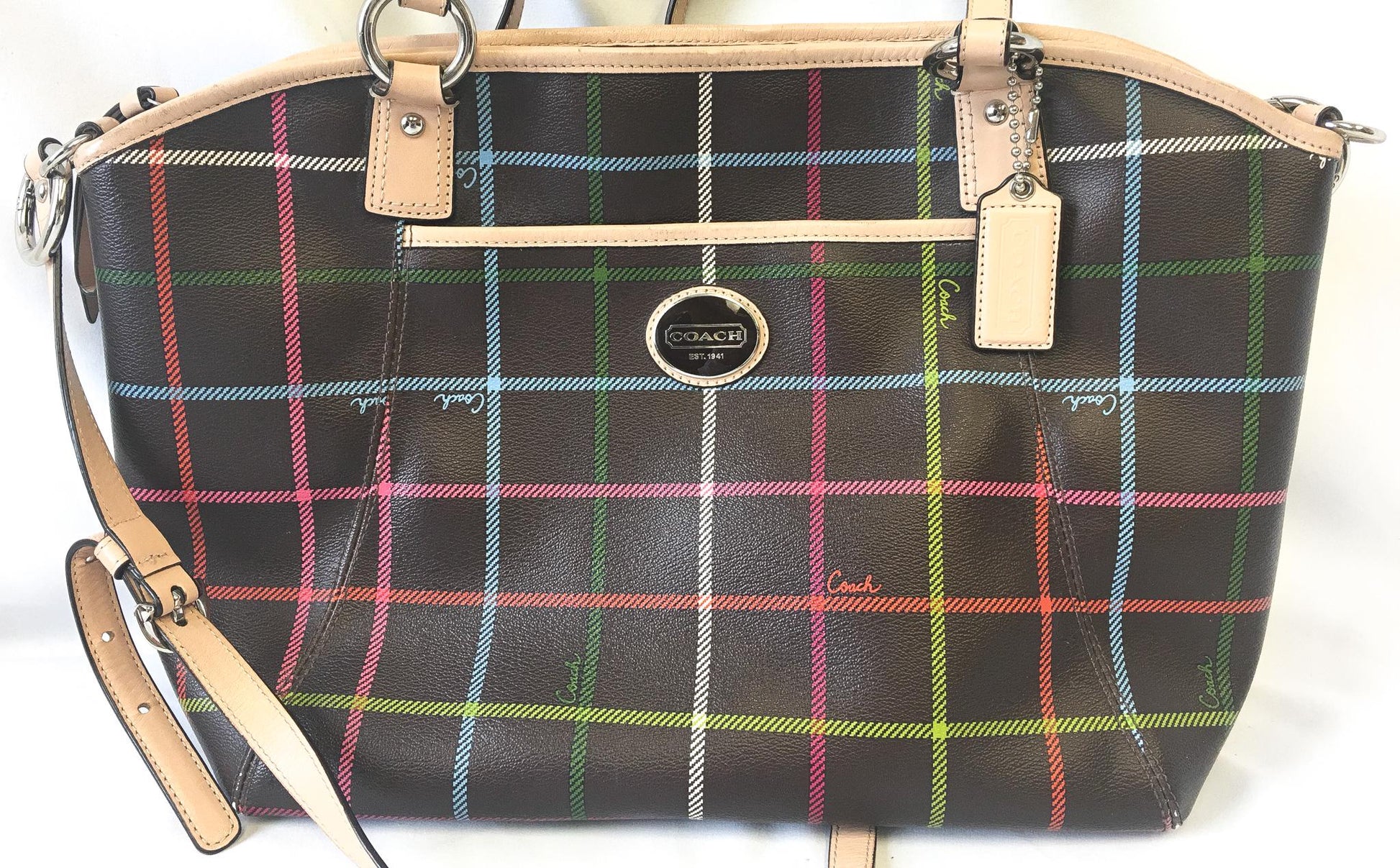 00s Inspired Coach Peyton Tattersall Plaid Brown Leather Crossbody Tote Bag, Style #F24390, Y2K Coach Handbag