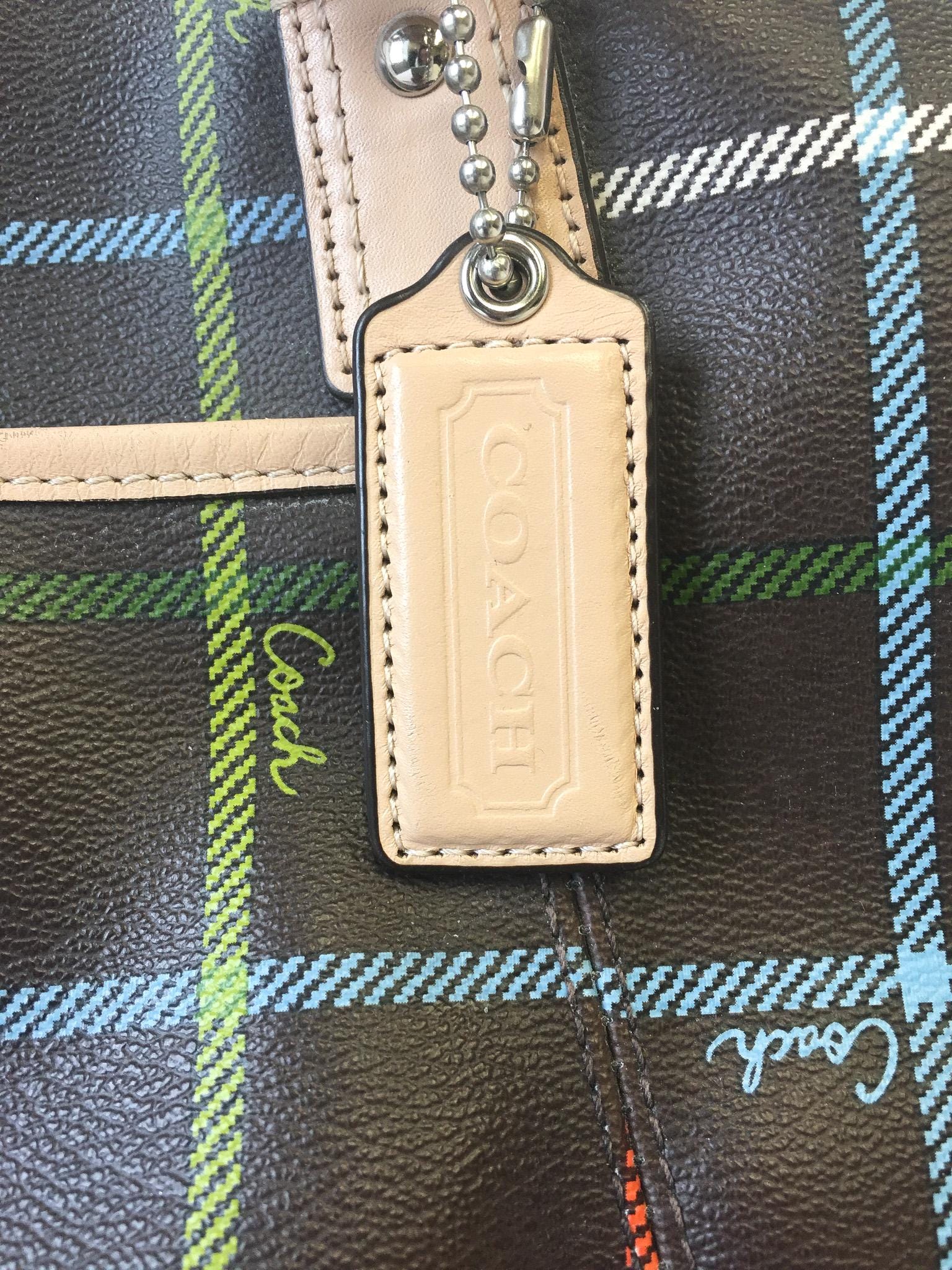 00s Inspired Coach Peyton Tattersall Plaid Brown Leather Crossbody Tote Bag, Style #F24390, Y2K Coach Handbag
