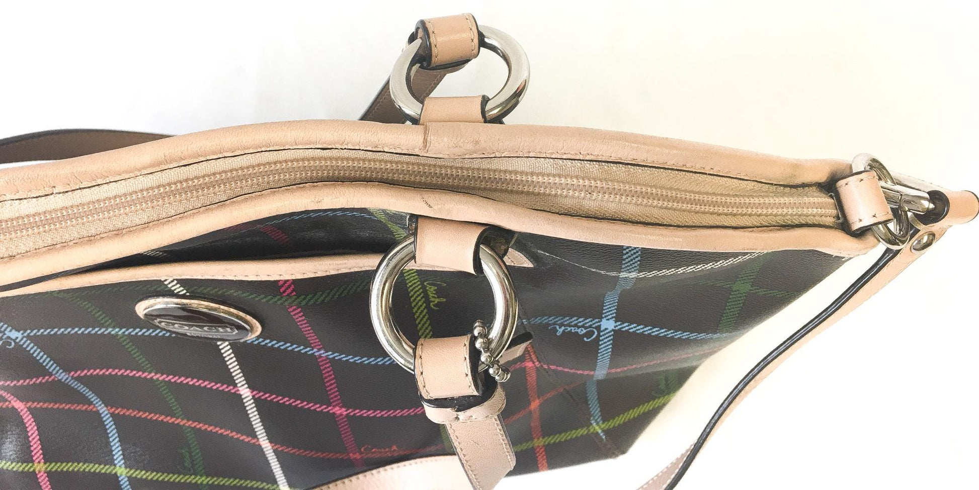 00s Inspired Coach Peyton Tattersall Plaid Brown Leather Crossbody Tote Bag, Style #F24390, Y2K Coach Handbag