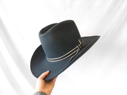 Vintage Bailey's Blue/Gray Felt Cowboy Hat with Black Ribbon Yellow Feather Band, Sz. 7 3/8, Unique Vintage Western Hat