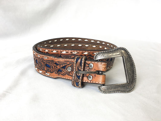 Tooled Nocona Blue Inlay Floral Engraved Leather Belt, Sz. 30" - 34" Waist, Vintage Western Boho Belt