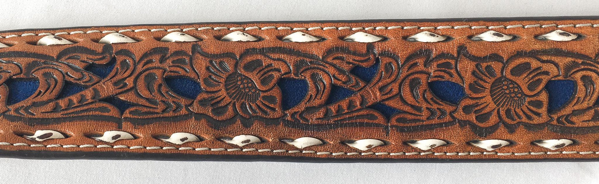 Tooled Nocona Blue Inlay Floral Engraved Leather Belt, Sz. 30" - 34" Waist, Vintage Western Boho Belt