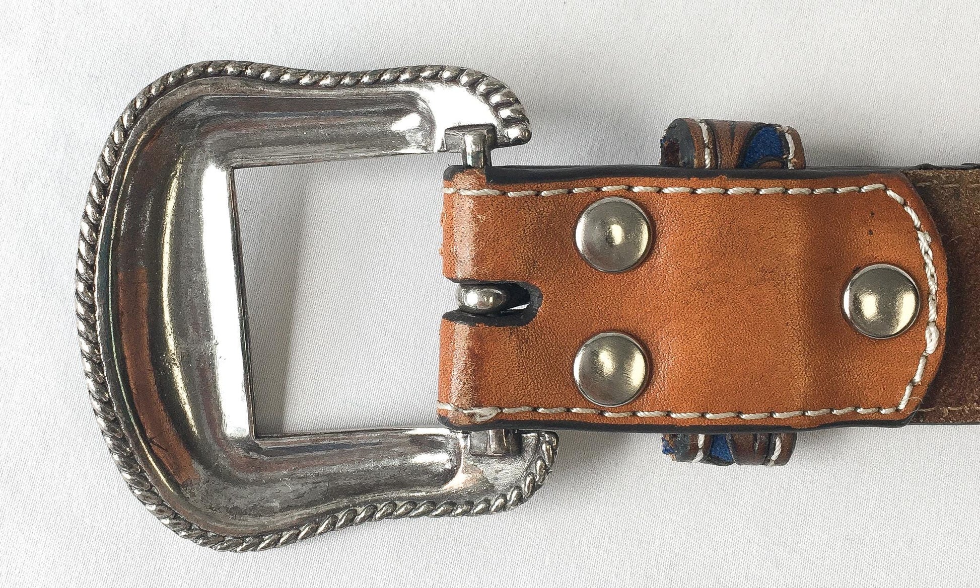 Tooled Nocona Blue Inlay Floral Engraved Leather Belt, Sz. 30" - 34" Waist, Vintage Western Boho Belt