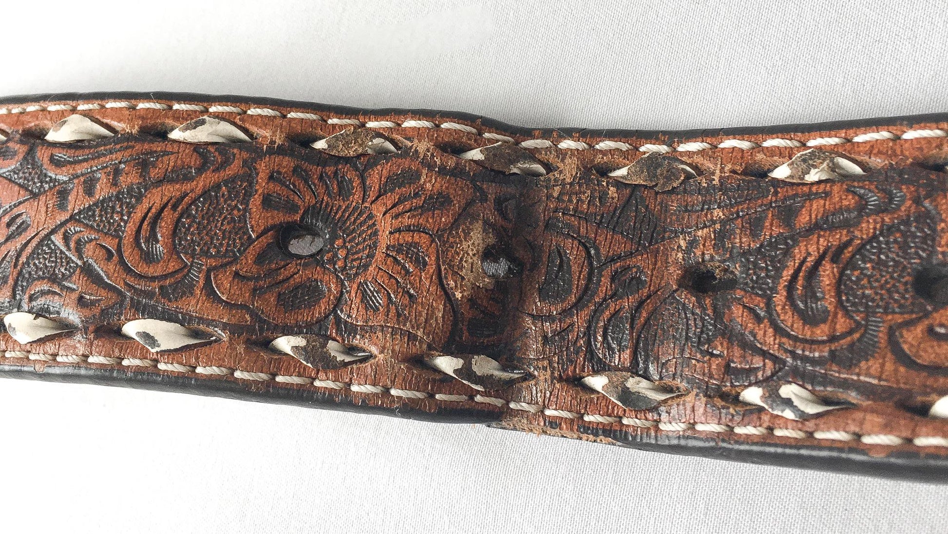 Tooled Nocona Blue Inlay Floral Engraved Leather Belt, Sz. 30" - 34" Waist, Vintage Western Boho Belt