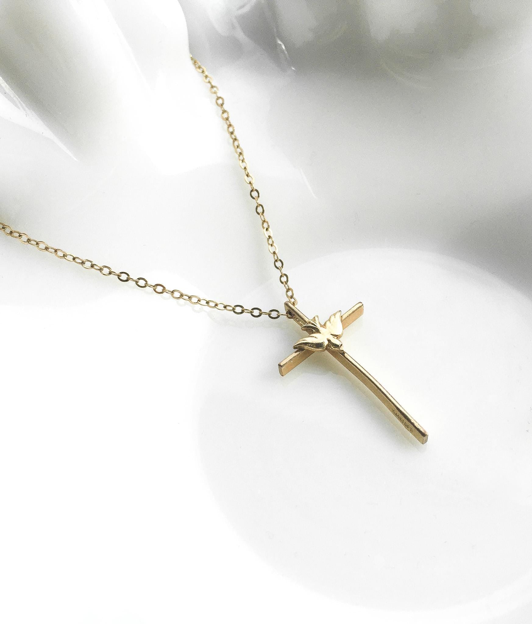14K Gold Filled Cross with Dove Pendant on 17" 1/20th 14K Gold Filled Chain, Simple Dainty Everyday Cross Necklace