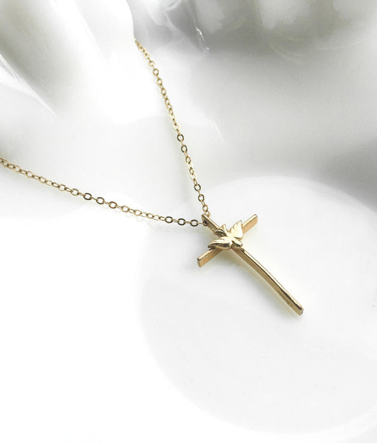 14K Gold Filled Cross with Dove Pendant on 17" 1/20th 14K Gold Filled Chain, Simple Dainty Everyday Cross Necklace